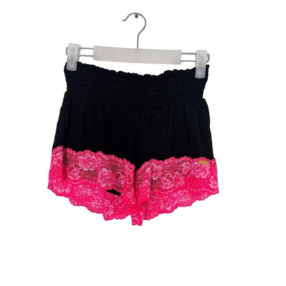 Beach Bunny Floral Lace Elastic Waistband Lounge  Shorts Pink Black Medium